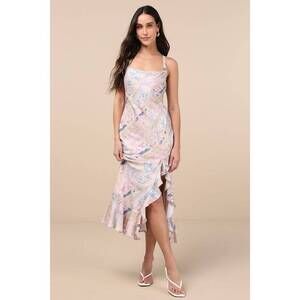 Lulus Hitomi Light Pink Multi Scarf Print Lace-up Ruffled Midi Dress - Size L